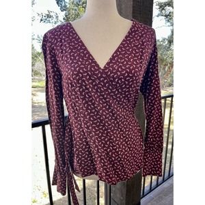 Boden Women's Belle Wrap Tie Waist Maroon Rainbow Long Sleeve Blouse Size 6